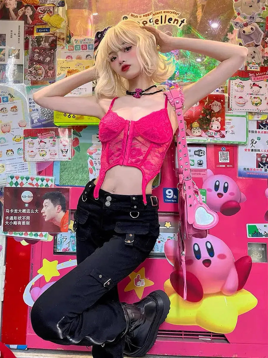 'DragonFruit' Pink Lace Suspender Cami Top AlielNosirrah