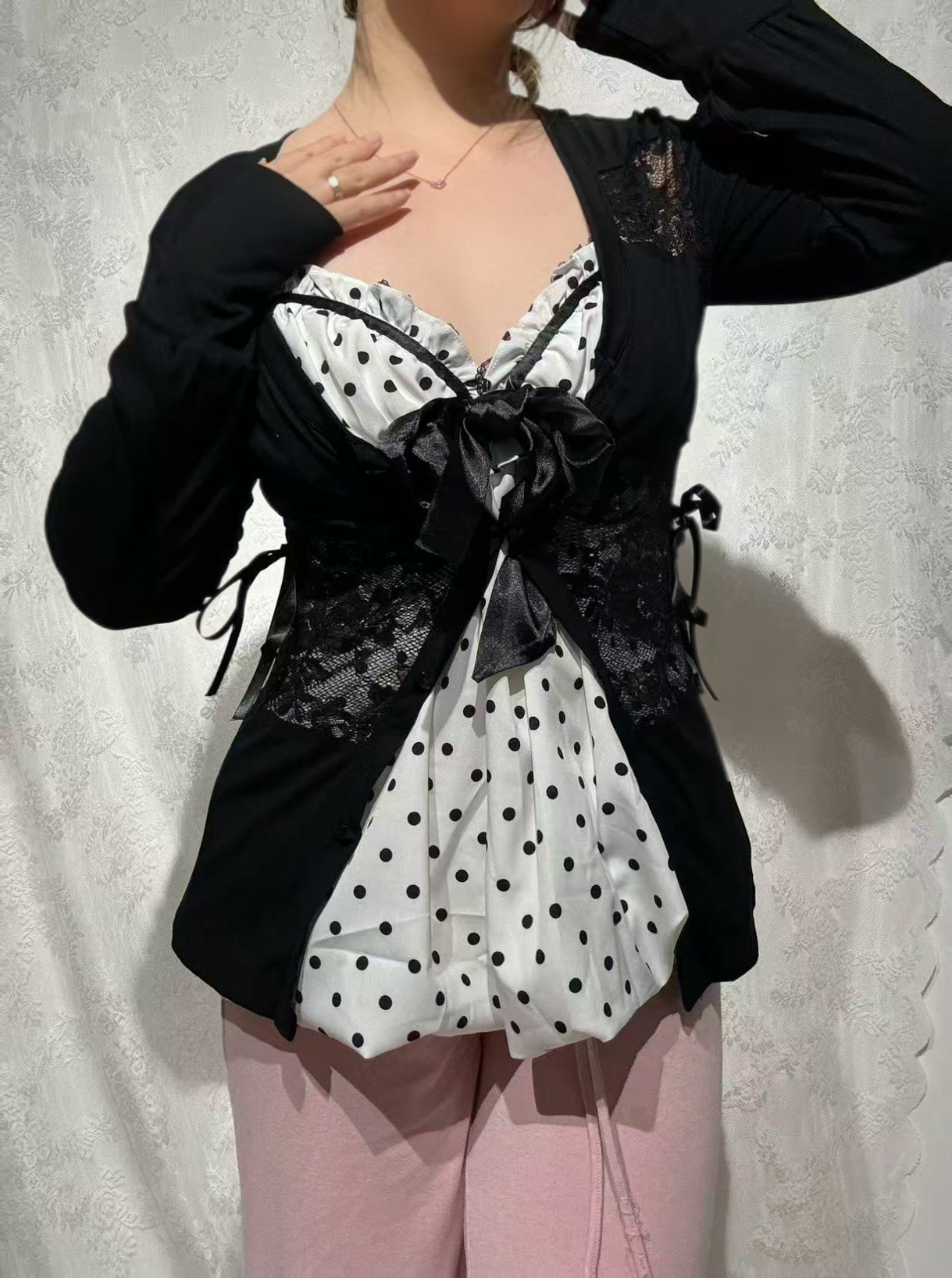’Dot Darling' Vintage Bow Polka Dot Top + Lace-Up Shirt AlielNosirrah