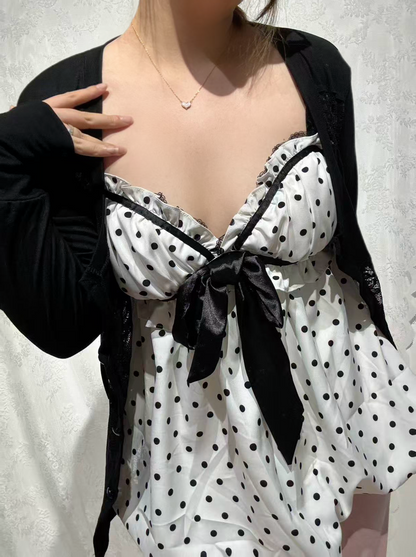 ’Dot Darling' Vintage Bow Polka Dot Top + Lace-Up Shirt AlielNosirrah