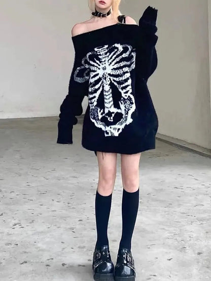 'Flower Bone' Dark Pattern Shoulder Off Oversized Sweater AlielNosirrah
