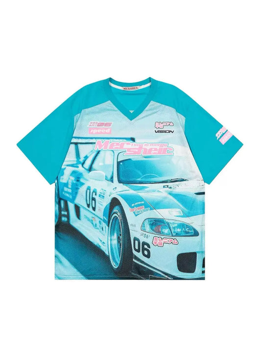 'Test Drive' Y2k Streetstyle Race Car Print Mesh T-Shirt AlielNosirrah