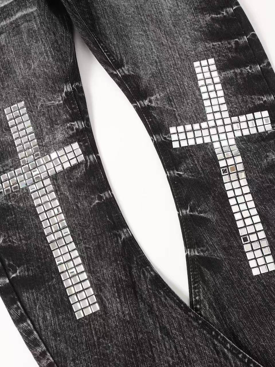 'CrossDazzle' Vintage Cross Rhinestone Long Jeans