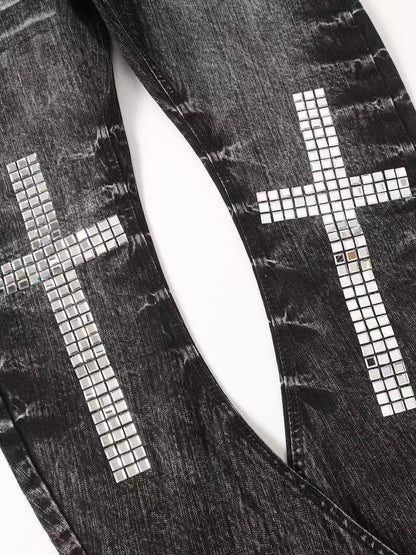 'CrossDazzle' Vintage Cross Rhinestone Long Jeans
