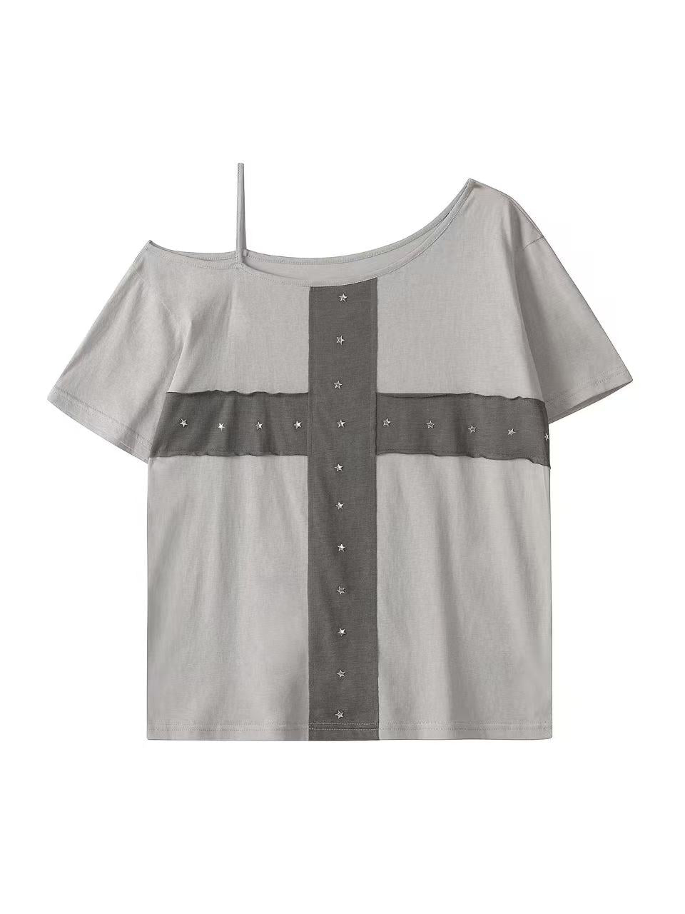 'Crossfire' Patchwork Cross Star Studded Off-Shoulder Top AlielNosirrah