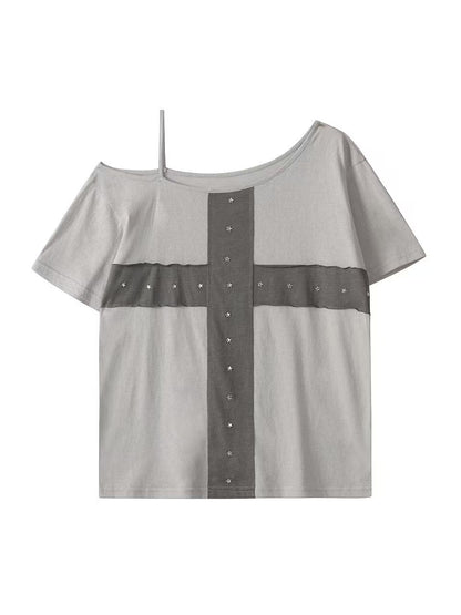'Crossfire' Patchwork Cross Star Studded Off-Shoulder Top AlielNosirrah