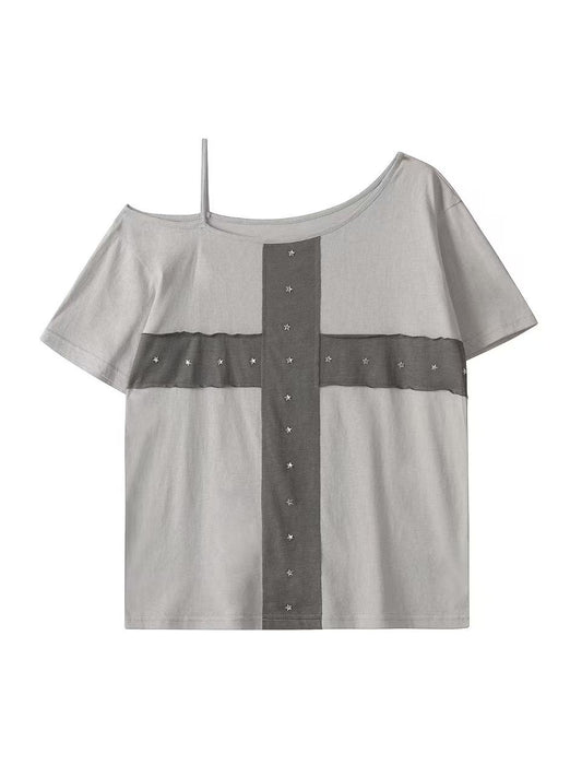'Crossfire' Patchwork Cross Star Studded Off-Shoulder Top AlielNosirrah