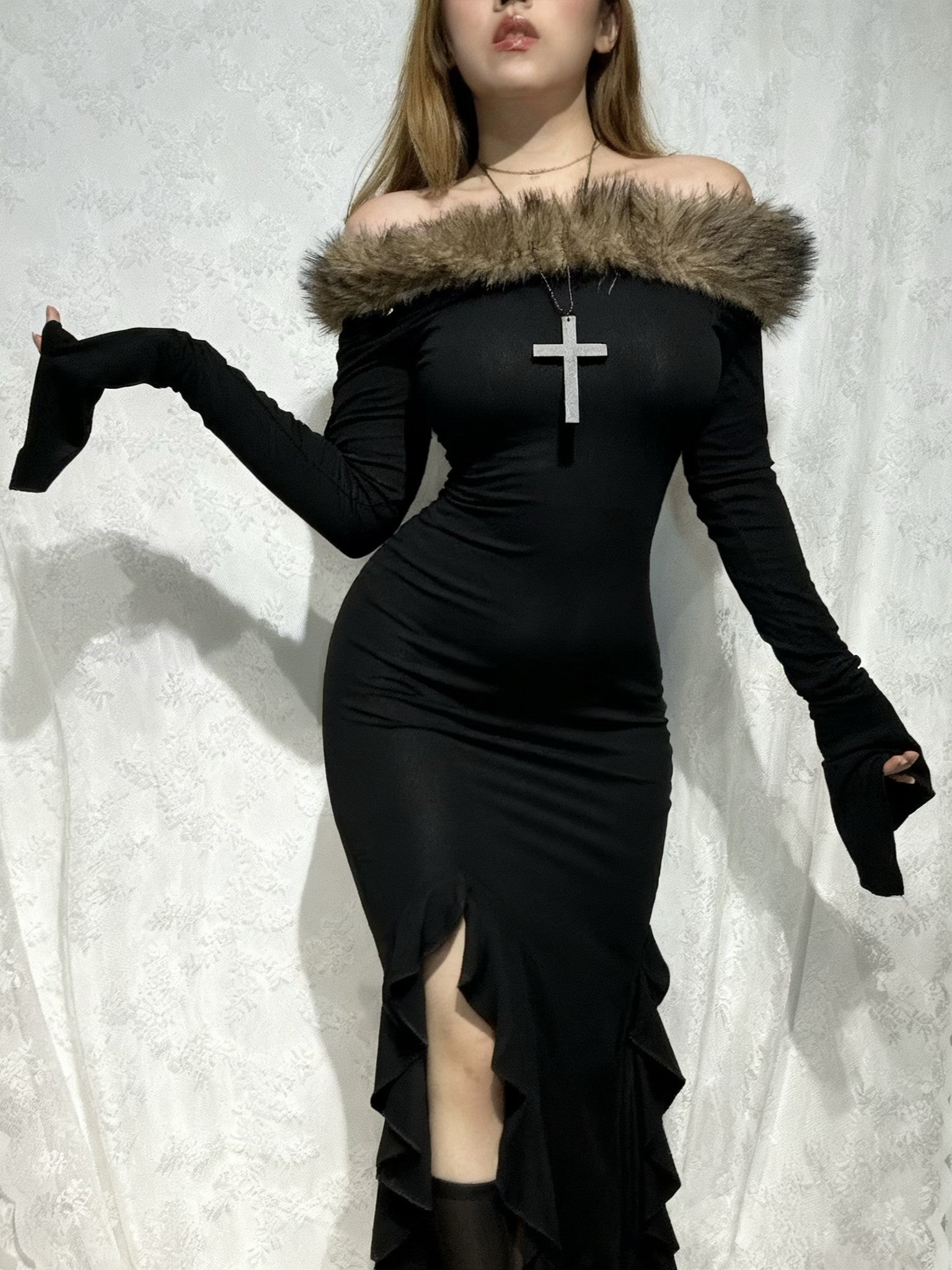 Alielnosirrah - Midnight Off-Shoulder Black/Maroon Tassel Fur Maxi Dress Detachable Fur Trim, Fall Winter Holiday Party Dress AlielNosirrah Alielnosirrah - Midnight Off-Shoulder Black/Maroon Tassel Fur Maxi Dress Detachable Fur Trim, Fall Winter Holiday Party Dress AlielNosirrah