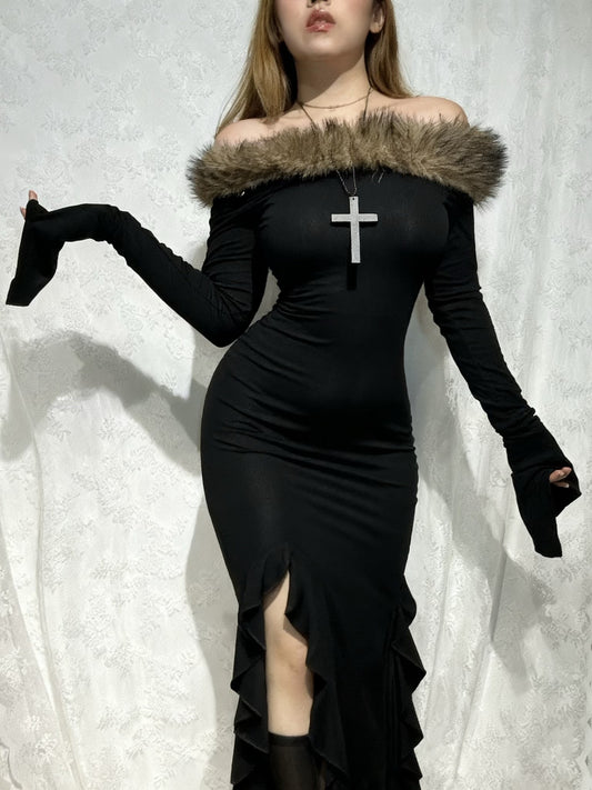 Midnight Off-Shoulder Black/Maroon Tassel Fur Maxi Dress – Detachable Fur Trim, Fall Winter Holiday Party Dress AlielNosirrah