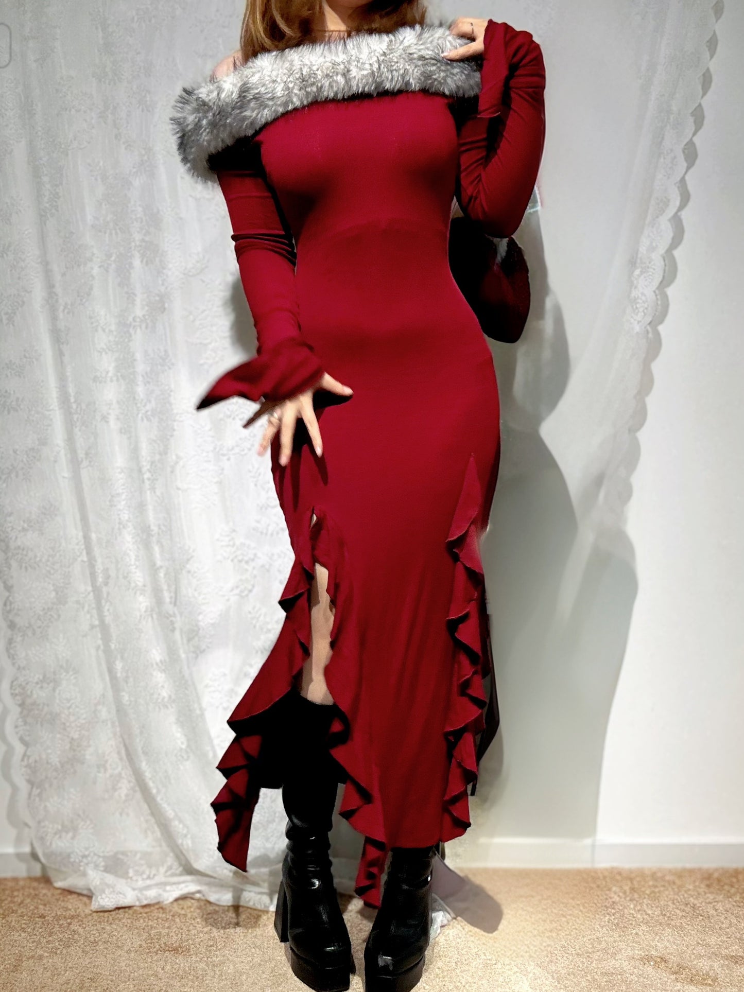 Midnight Off-Shoulder Black/Maroon Tassel Fur Maxi Dress – Detachable Fur Trim, Fall Winter Holiday Party Dress AlielNosirrah