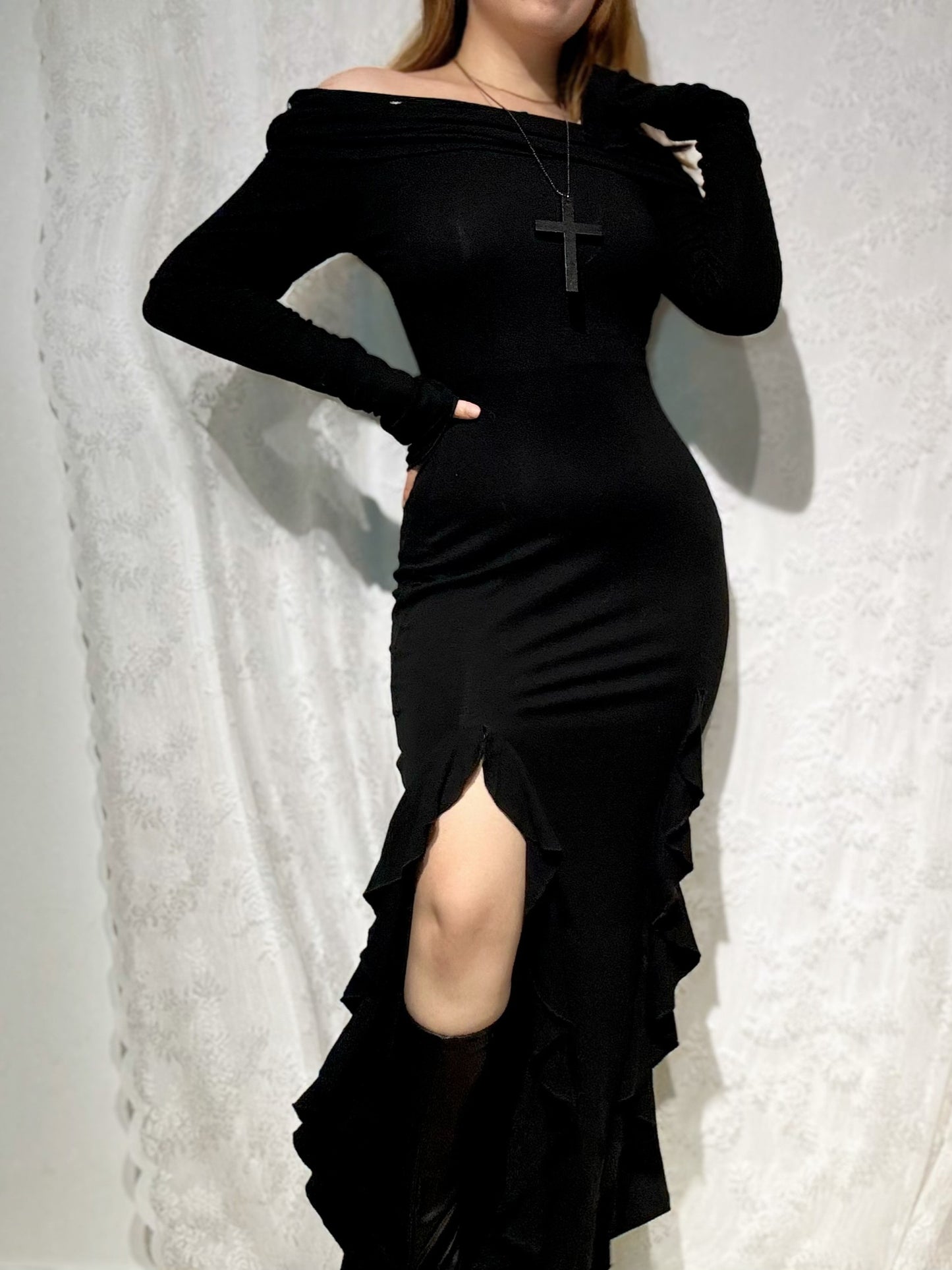 Midnight Off-Shoulder Black/Maroon Tassel Fur Maxi Dress – Detachable Fur Trim, Fall Winter Holiday Party Dress AlielNosirrah