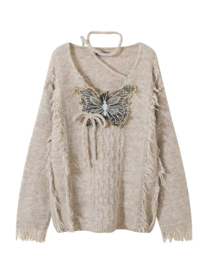 'Flutter Dreams' Retro Tassel-Tie Butterfly Sweater AlielNosirrah