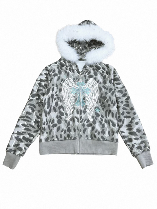 'Snow Angel' Detachable Fur Collar Leopard Print Zip-Up Hoodie (Copy) AlielNosirrah