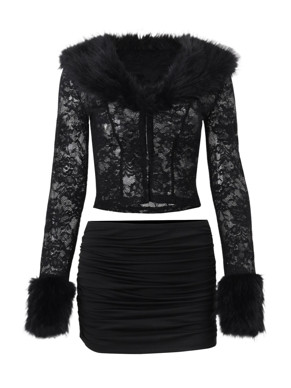 ’Femme Fatale' Lace & Plush Long-Sleeve Top & Mini Skirt 2 Pcs Set AlielNosirrah