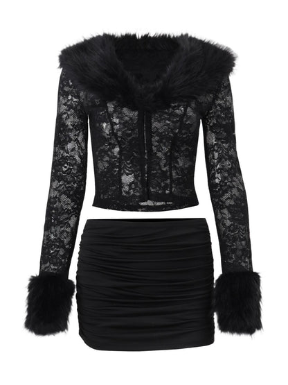 ’Femme Fatale' Lace & Plush Long-Sleeve Top & Mini Skirt 2 Pcs Set AlielNosirrah