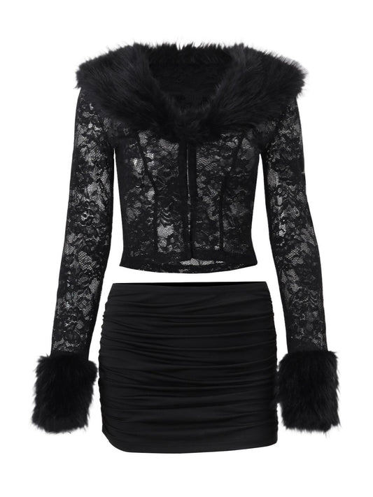 ’Femme Fatale' Lace & Plush Long-Sleeve Top & Mini Skirt 2 Pcs Set AlielNosirrah