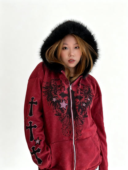 'Snow Angel' Detachable Fur Collar Leopard Print Zip-Up Hoodie (Copy) AlielNosirrah