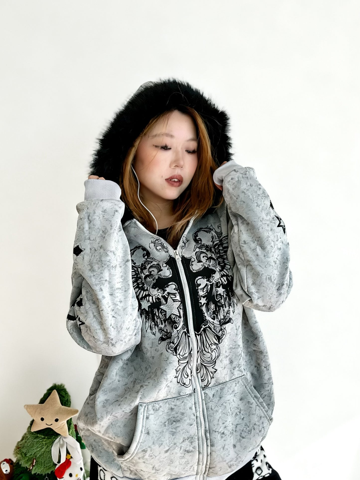 'Snow Angel' Detachable Fur Collar Leopard Print Zip-Up Hoodie (Copy) AlielNosirrah