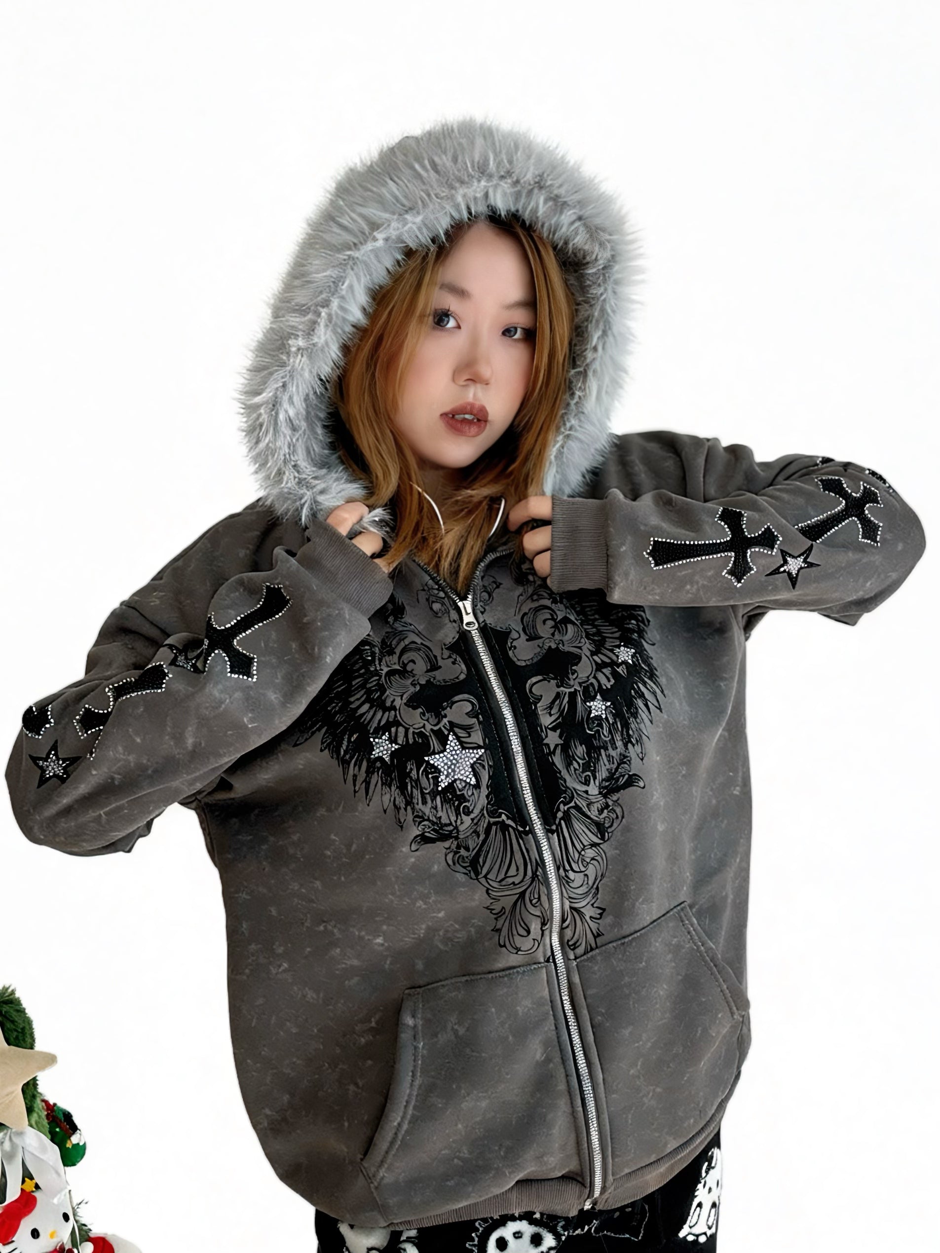 'Snow Angel' Detachable Fur Collar Leopard Print Zip-Up Hoodie (Copy) AlielNosirrah
