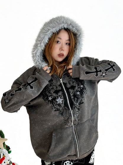 'Snow Angel' Detachable Fur Collar Leopard Print Zip-Up Hoodie (Copy) AlielNosirrah