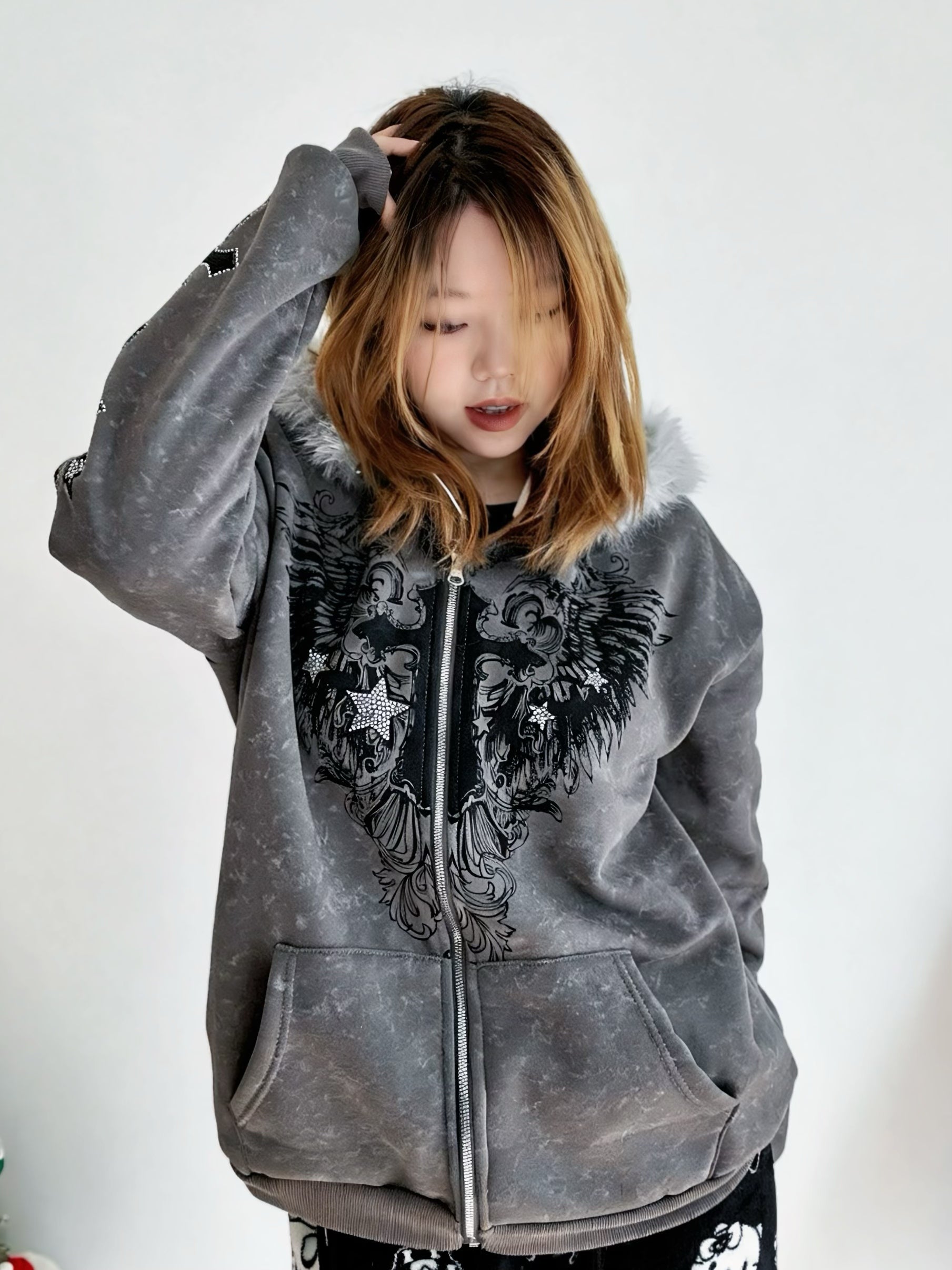 'Snow Angel' Detachable Fur Collar Leopard Print Zip-Up Hoodie (Copy) AlielNosirrah
