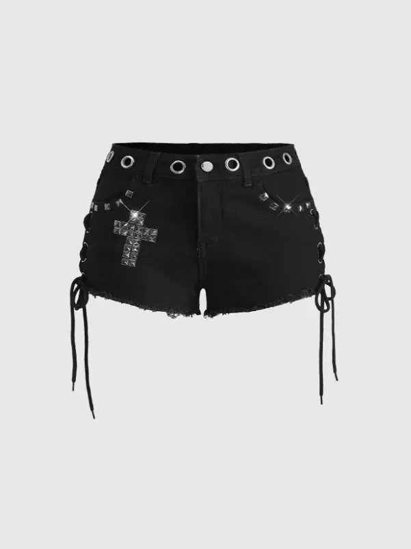 'Darkpulse' Y2K Gothic Cross Rhinestone Shorts AlielNosirrah
