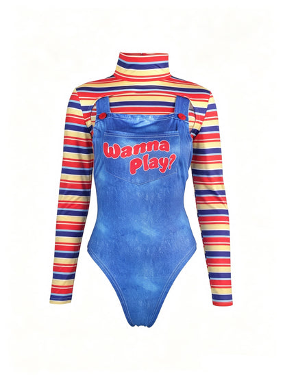 'play doll' Costume Halloween Horror Doll Slim-Fit Bodysuit Jumpsuit