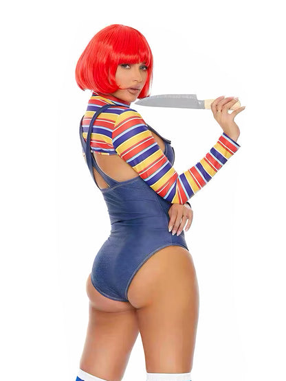 'play doll' Costume Halloween Horror Doll Slim-Fit Bodysuit Jumpsuit