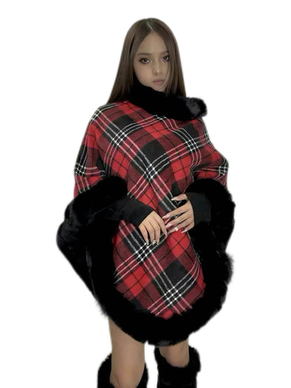 'Glam Girl 'Plaid Knit Faux Fur Collar Cape