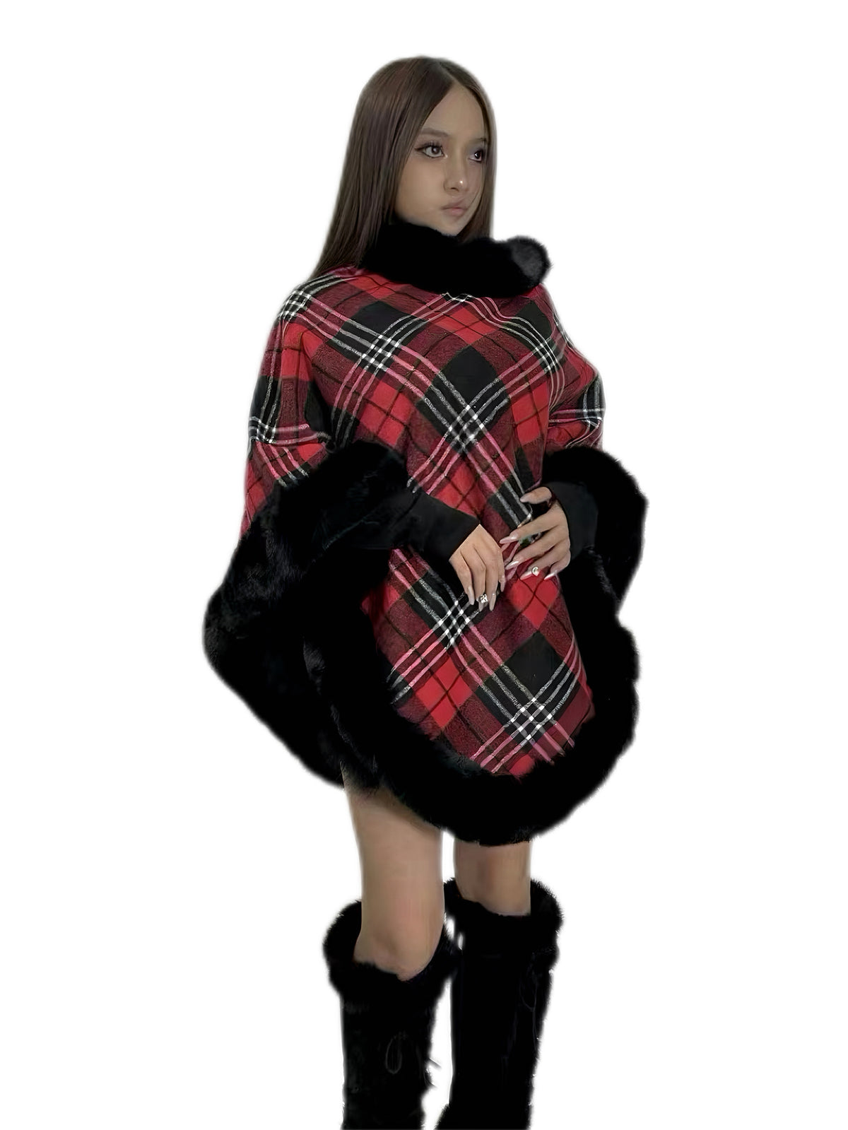 'Glam Girl 'Plaid Knit Faux Fur Collar Cape
