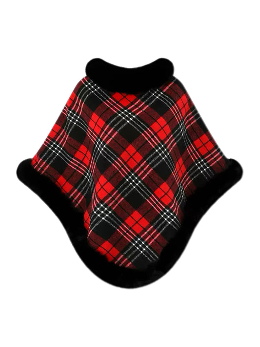 'Glam Girl 'Plaid Knit Faux Fur Collar Cape