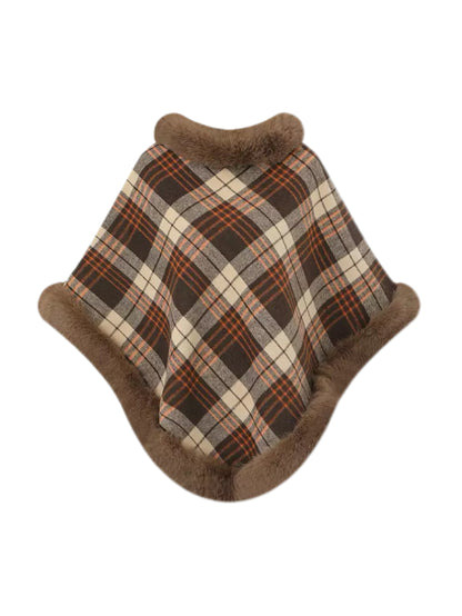 'Glam Girl 'Plaid Knit Faux Fur Collar Cape