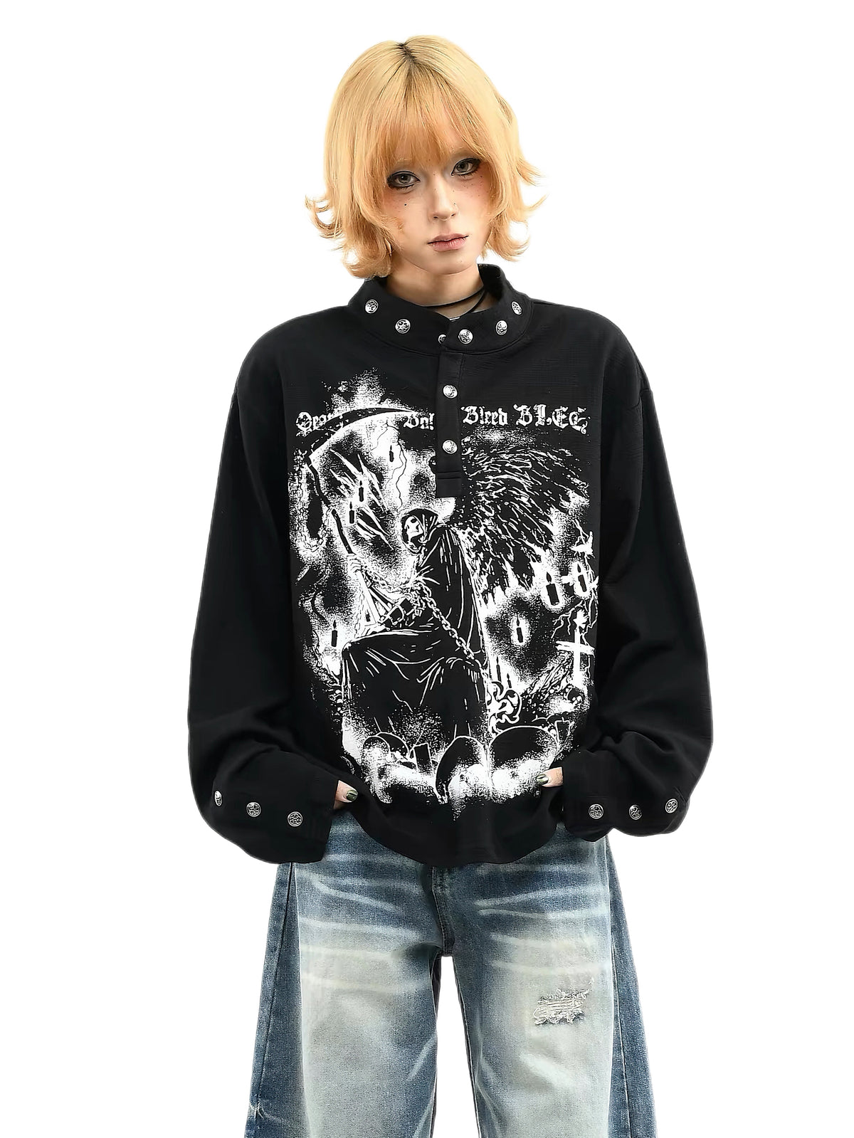 'Dark Fiend' Print Punk Graffiti Oversized Henley Long Sleeve Top