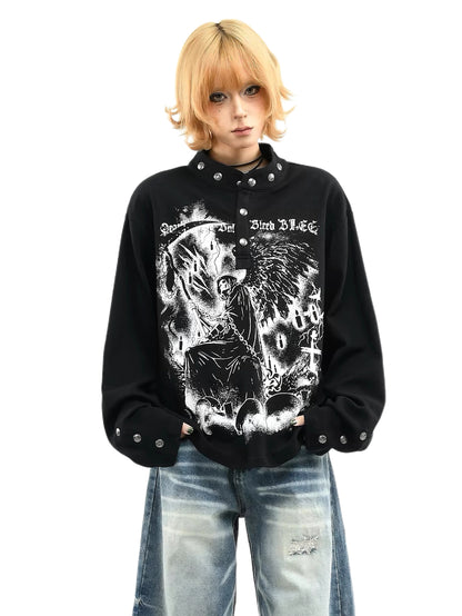 'Dark Fiend' Print Punk Graffiti Oversized Henley Long Sleeve Top