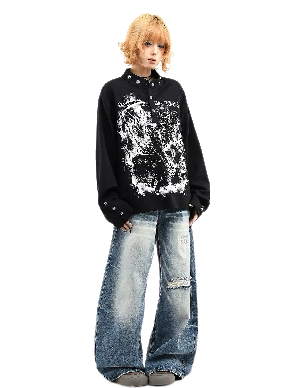 'Dark Fiend' Print Punk Graffiti Oversized Henley Long Sleeve Top