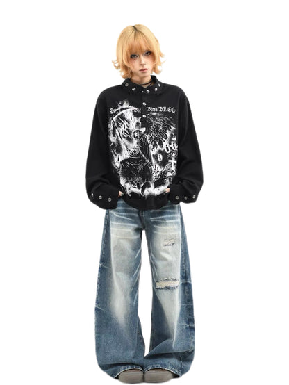 'Dark Fiend' Print Punk Graffiti Oversized Henley Long Sleeve Top