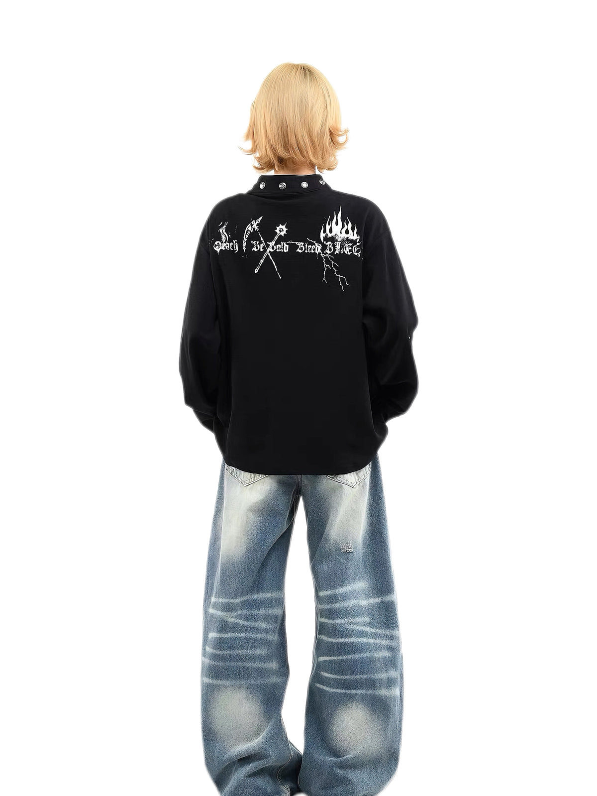 'Dark Fiend' Print Punk Graffiti Oversized Henley Long Sleeve Top