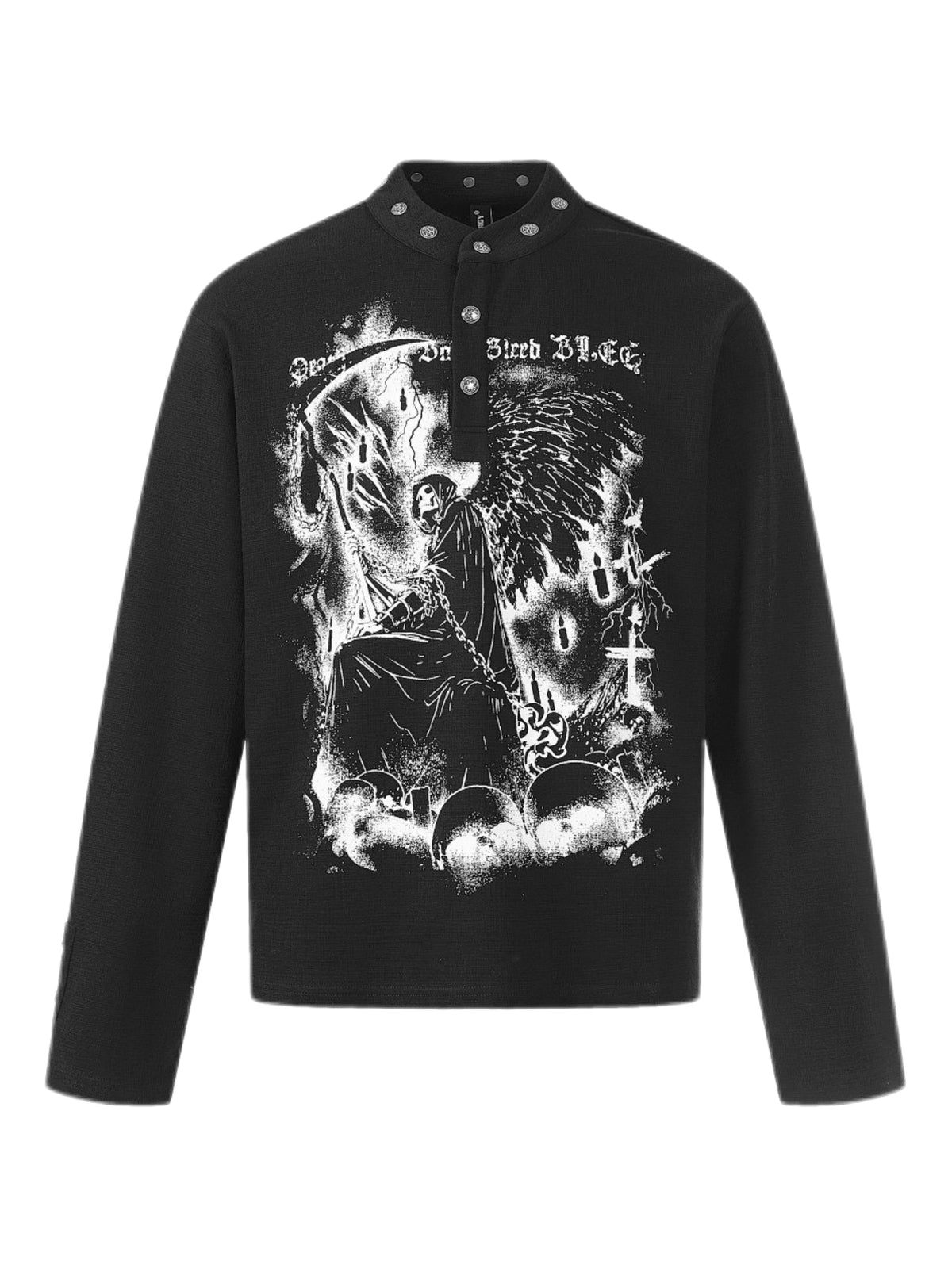 'Dark Fiend' Print Punk Graffiti Oversized Henley Long Sleeve Top