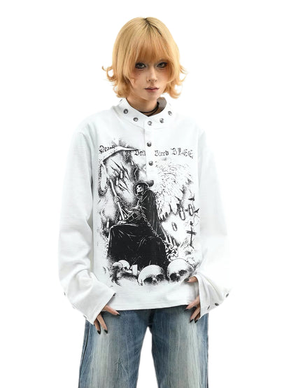 'Dark Fiend' Print Punk Graffiti Oversized Henley Long Sleeve Top