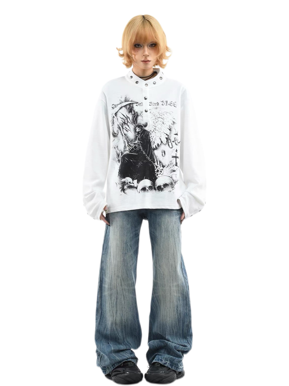 'Dark Fiend' Print Punk Graffiti Oversized Henley Long Sleeve Top