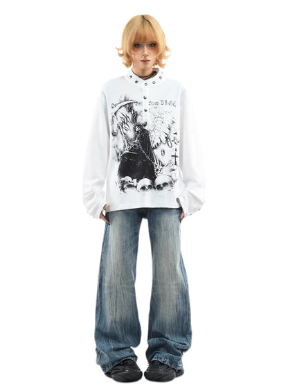 'Dark Fiend' Print Punk Graffiti Oversized Henley Long Sleeve Top
