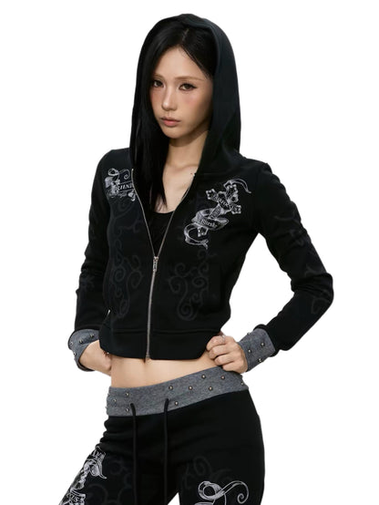 'Karma Sanskrit' Studded Graphic Cropped Hooded Jacket