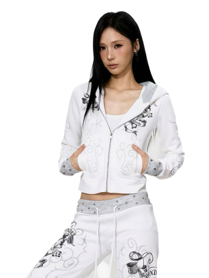 'Karma Sanskrit' Studded Graphic Cropped Hooded Jacket