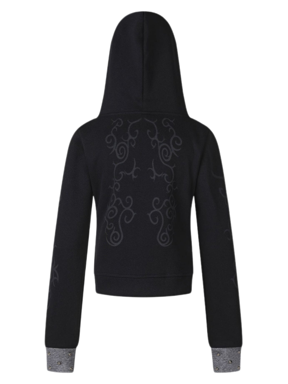 'Karma Sanskrit' Studded Graphic Cropped Hooded Jacket