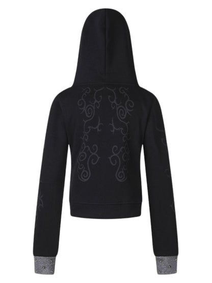 'Karma Sanskrit' Studded Graphic Cropped Hooded Jacket