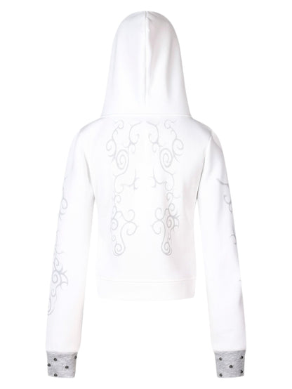 'Karma Sanskrit' Studded Graphic Cropped Hooded Jacket