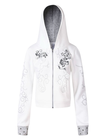 'Karma Sanskrit' Studded Graphic Cropped Hooded Jacket