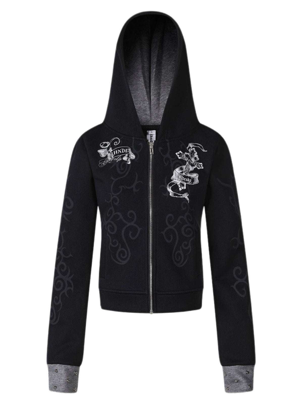'Karma Sanskrit' Studded Graphic Cropped Hooded Jacket