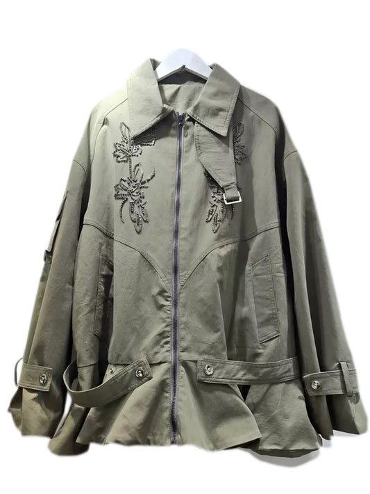 'Petal ' Vintage Floral Beaded Ruffled Hem Oversized Trench Coat