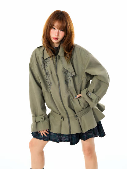 'Petal ' Vintage Floral Beaded Ruffled Hem Oversized Trench Coat