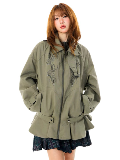 'Petal ' Vintage Floral Beaded Ruffled Hem Oversized Trench Coat